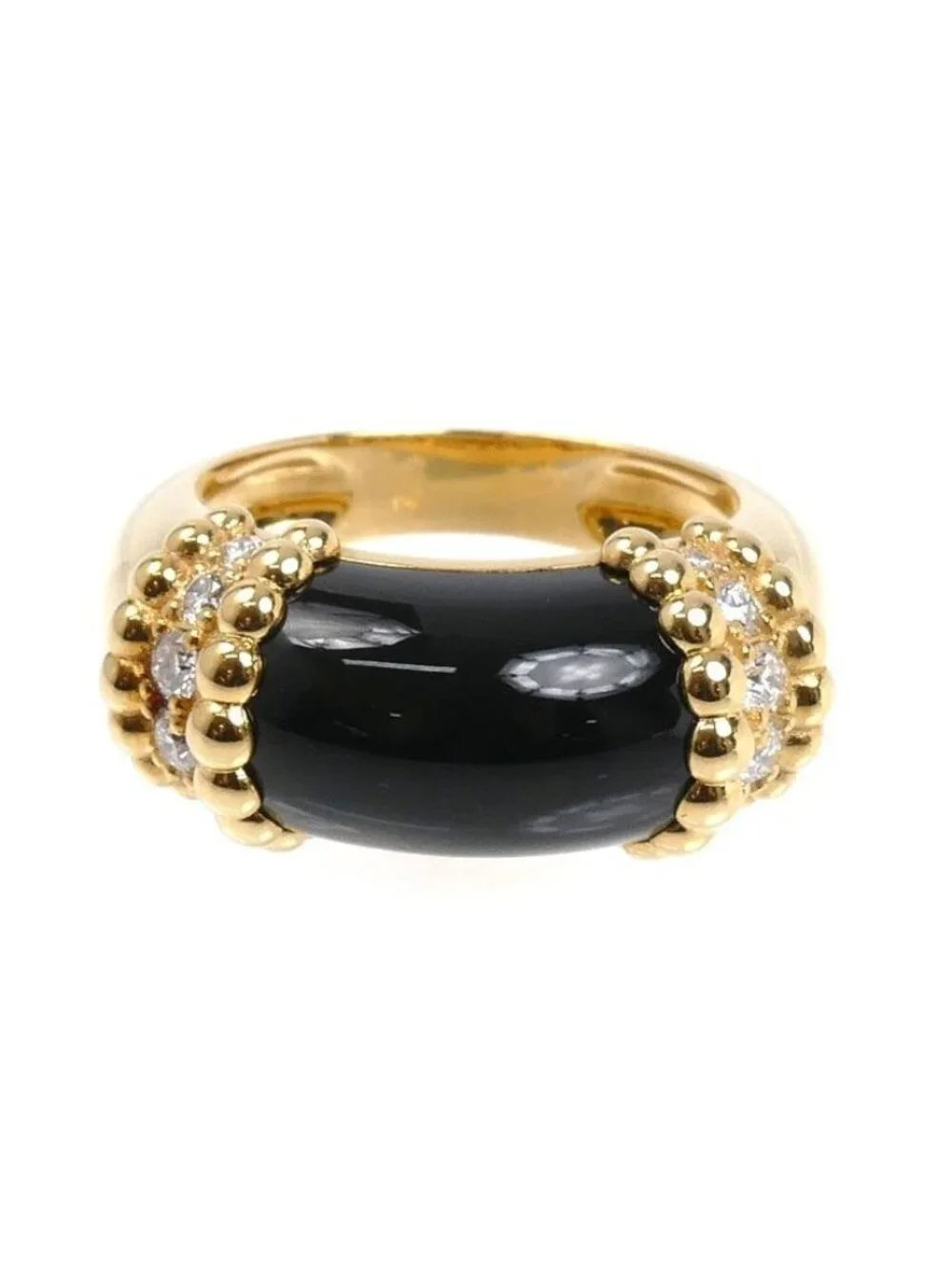 Van Cleef & Arpels 18K Yellow Gold Perlee Coule Ring Diamond Onyx